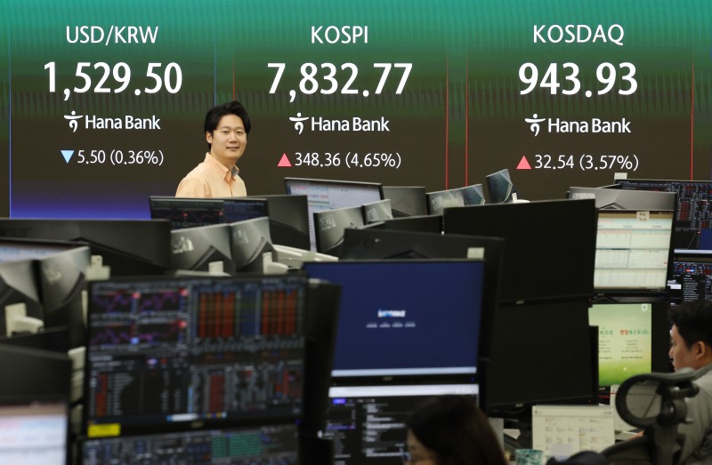 코스피가 전날의 급락을 딛고 5% 가까이 올라 7800선을 되찾은 9일 서울 중구 하나은행 딜링룸 현황판에 코스피와 코스닥, 원·달러 환율이 표시되고 있다./연합뉴스