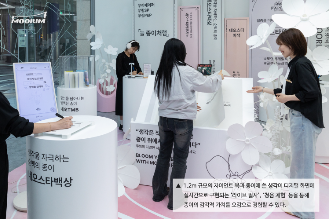 ‘생각이 꽃피는 곳, 무림페이퍼 블라썸’ 팝업에서는 1.2m 규모의 자이언트 북과 라이브 필사, 청음 체험 등 종이와 디지털 기술이 결합된 콘텐츠를 선보인다. / 사진제공=무림페이퍼