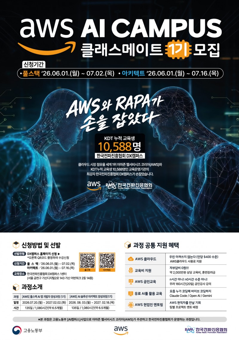 한국전파진흥협회-AWS, 생성형 AI 실무 인재 양성 위한 ‘AWS AI 캠퍼스 1기’ 모집