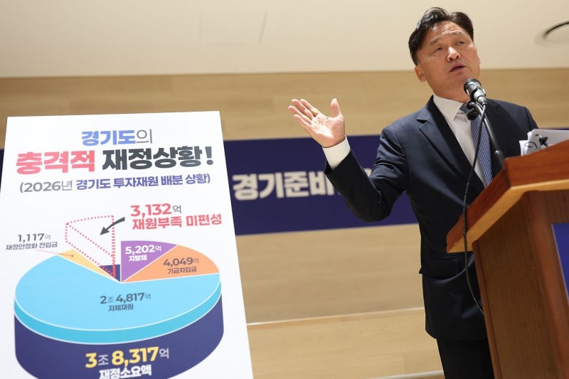 김영진 경기준비위원회 부위원장이 22일 경기도청에서 '재정 현황' 브리핑을 하고있다. /준비위
