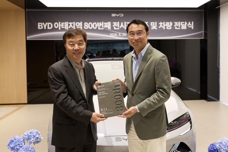 <삼천리EV 손원현 사장과 BYD 류쉐량 부총재가송파 전시장의 800번째 매장 선정을 축하하고 있다>