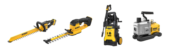 좌측부터 20 MAX 브러쉬리스 61cm 전정기 (DCMHT567), 20V MAX 20cm 콤팩트 전정기 (DCMHT520), 160 Bar 유선 고압세척기 (DEPW003MB), 20V MAX 5 CFM 진공펌프 (DCE510)