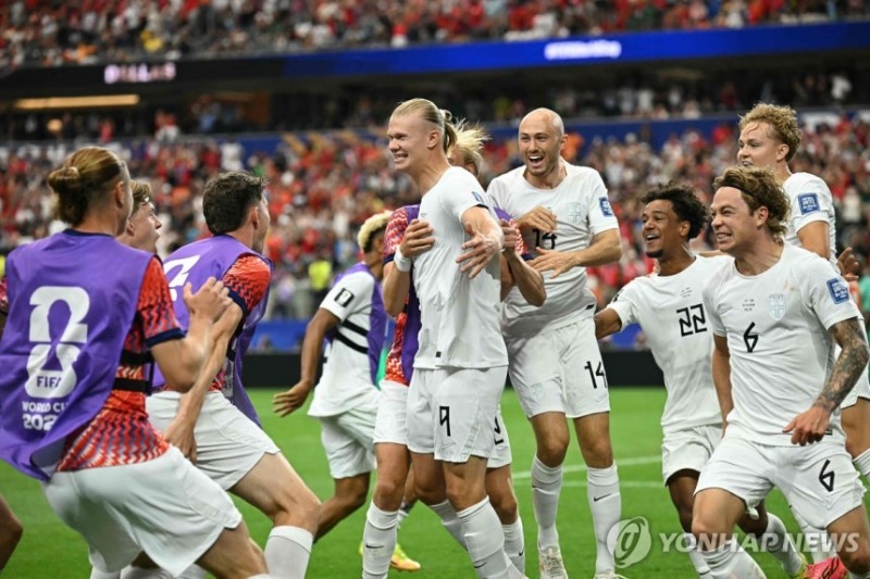 엘링 홀란(9번)의 골에 기뻐하는 노르웨이 선수들 / 사진=연합뉴스