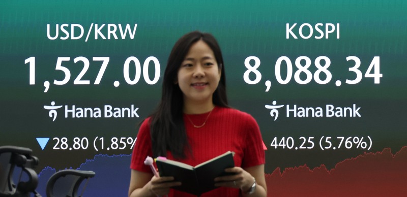 코스피가 8000선을 회복한 3일 서울 중구 하나은행 딜링룸 현황판에 코스피 종가 및 원·달러 환율이 표시돼있다./연합뉴스