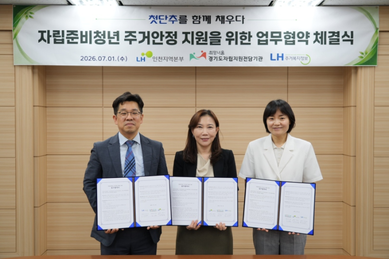 지난 1일 LH주거복지정보-경기도자립지원전담기관-LH인천지역본부 업무협약(MOU) 체결 현장. (왼쪽부터) LH주거복지정보 박준현 운영처장(홍성필 대표이사 대참), LH인천지역본부 주거복지사업처 이연숙 처장(서환식 본부장 대참), 경기도자립지원전담기관 최서현 관장/LH주거복지정보