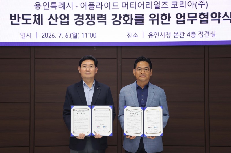 6일 접견실에서 이상일 시장(오른쪽)과 손성용 부사장이 협약서를 들고 사진을 찍고 있다./용인시