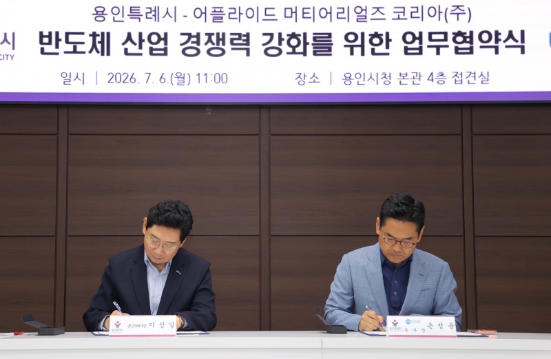 6일 접견실에서 이상일 시장(오른쪽)과 손성용 부사장이 협약서에 서명하고 있다/용인시