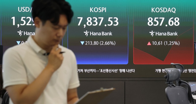 7일 서울 중구 하나은행 본점 딜링룸에서 직원들이 업무를 보고 있다./연합뉴스