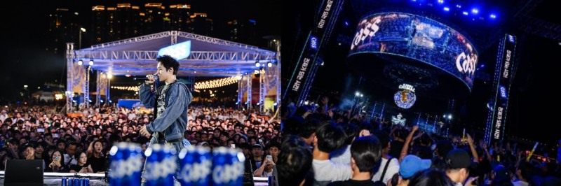 (왼쪽) 지난 4일 '카스 브랜드 데이'에서 뮤지션 원슈타인이 공연을 펼치고 있다./오비맥주