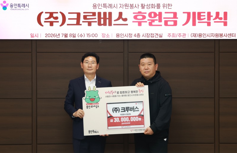 8일 접견실에서 이상일 용인특례시장(좌)과 이웅 (주)크루버스 대표(우)가 기탁식 후 기념촬영하고 있다 /용인시