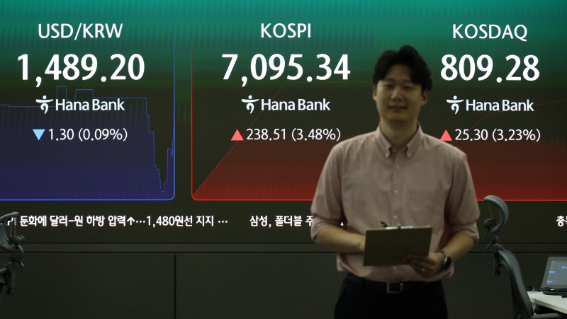 코스피가 7000선을 회복한 15일 서울 중구 하나은행 딜링룸 현황판에 코스피·코스닥 지수가 표시되고 있다./연합뉴스