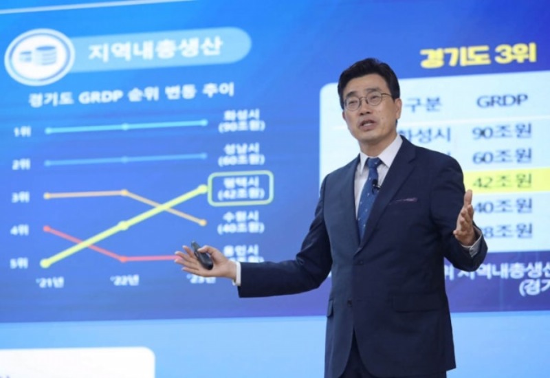 취임 기자회견을 하고있는 최원용 평택시장. /평택시