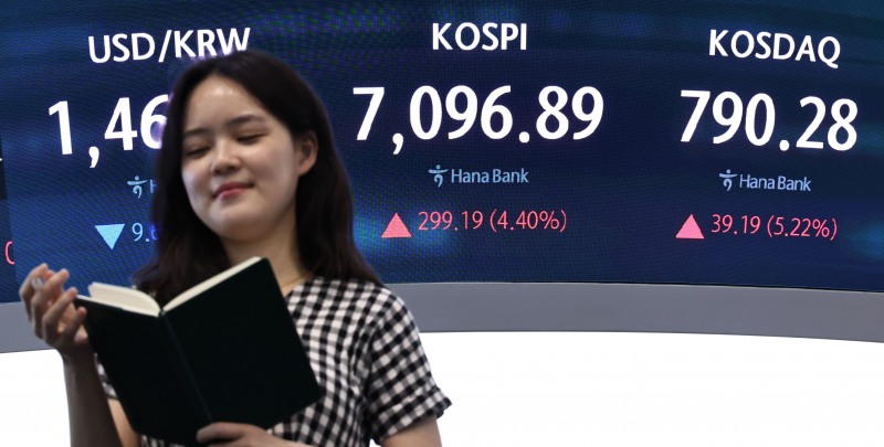 23일 서울 중구 하나은행 딜링룸 현황판에 코스피 등이 표시되고 있다./연합뉴스