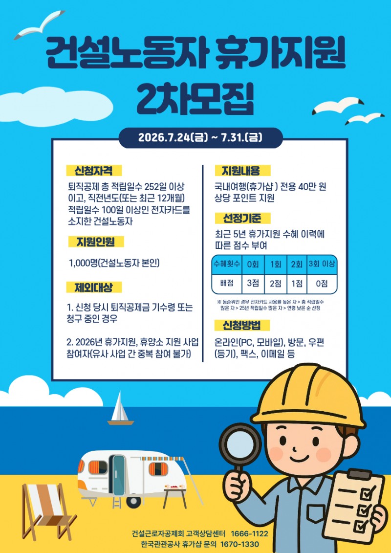 건설근로자공제회, 휴가지원 대상 추가 모집…삶의 질 향상 나서