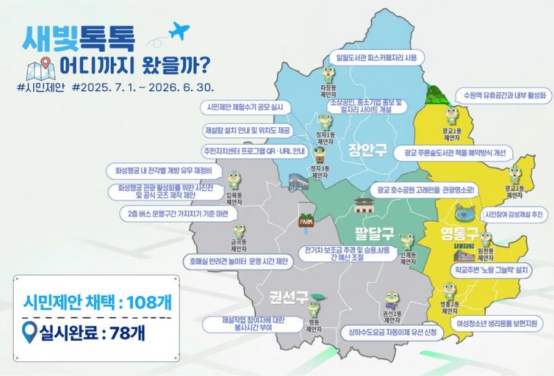 지난 1년간 새빛톡톡에서 채택된 시민제안을 표시한 수원시 지도. /수원시