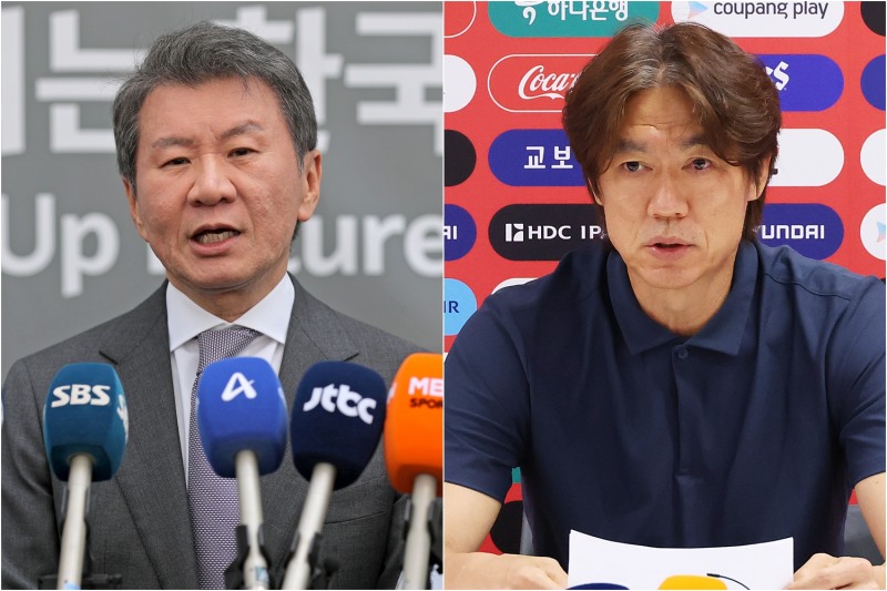 정몽규 전 대한축구협회장(왼쪽)과 홍명보 전 축구대표팀 감독. / 사진=연합뉴스