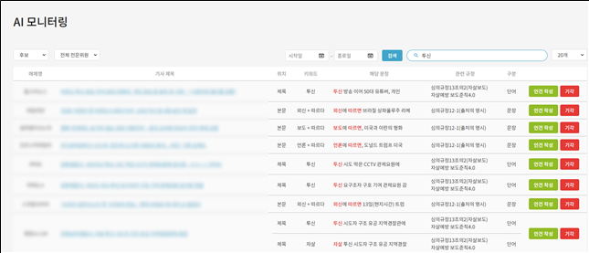 AI 활용 특정 키워드 기반 기사 모니터링 시스템 화면.