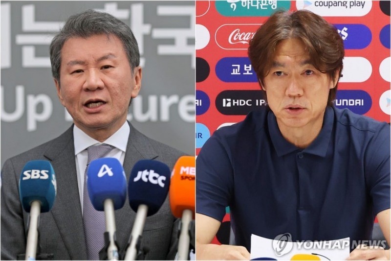 정몽규 전 대한축구협회장(왼쪽)과 홍명보 전 축구대표팀 감독 / 사진=연합뉴스