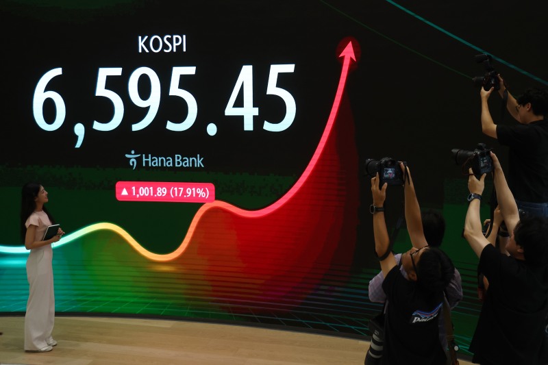 코스피가 전날보다 1001.89포인트(17.91%) 오른 6595.45로 장을 마감하며 역대 최대 상승률과 상승폭을 기록한 31일 서울 하나은행 본점 딜링룸의 모습./연합뉴스