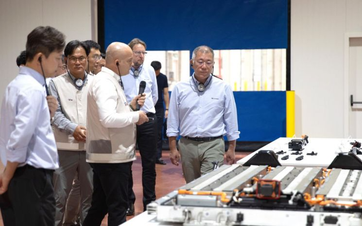 정의선 회장이 현대차 및 현대모비스 임직원들과 함께 현대모비스 BSA(Battery System Assembly) 공장을 둘러보고 있다. 현대차그룹