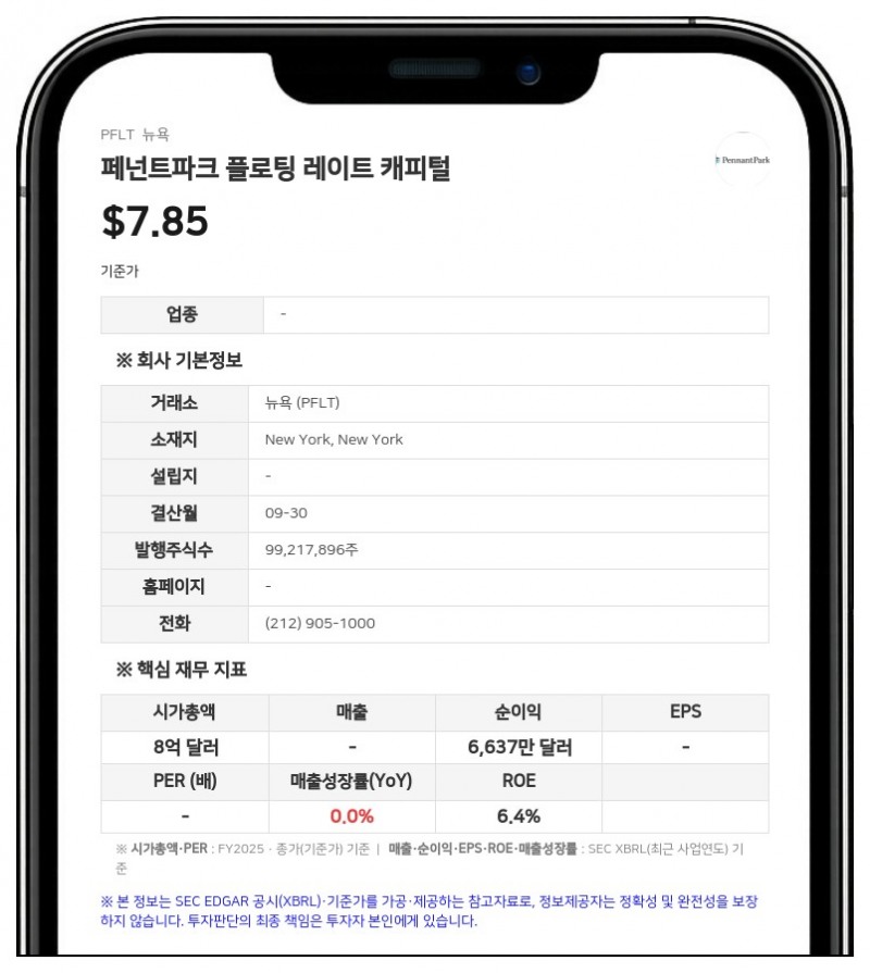 페넌트파크 플로팅 레이트 캐피털, 8월 배당금 주당 0.0833달러 선언