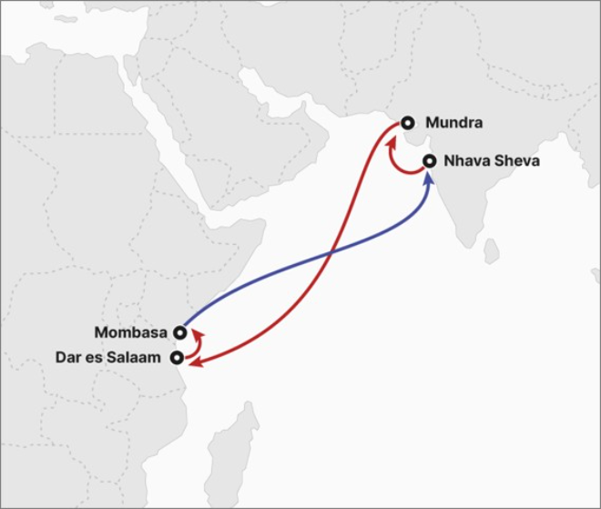 HMM이 9월부터 개설하는 인도와 동아프리카를 연결하는 컨테이너 서비스 ‘GIA(Gulf - India - East Africa Service)’ 사진= HMM
