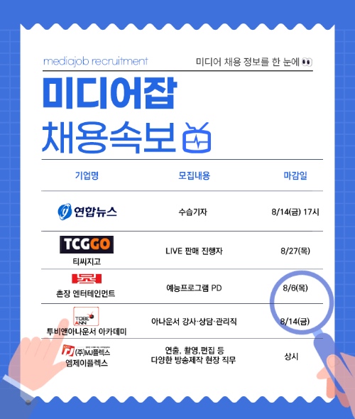 미디어잡, 연합뉴스·방송사 등 미디어 분야 주요 채용 정보 공개