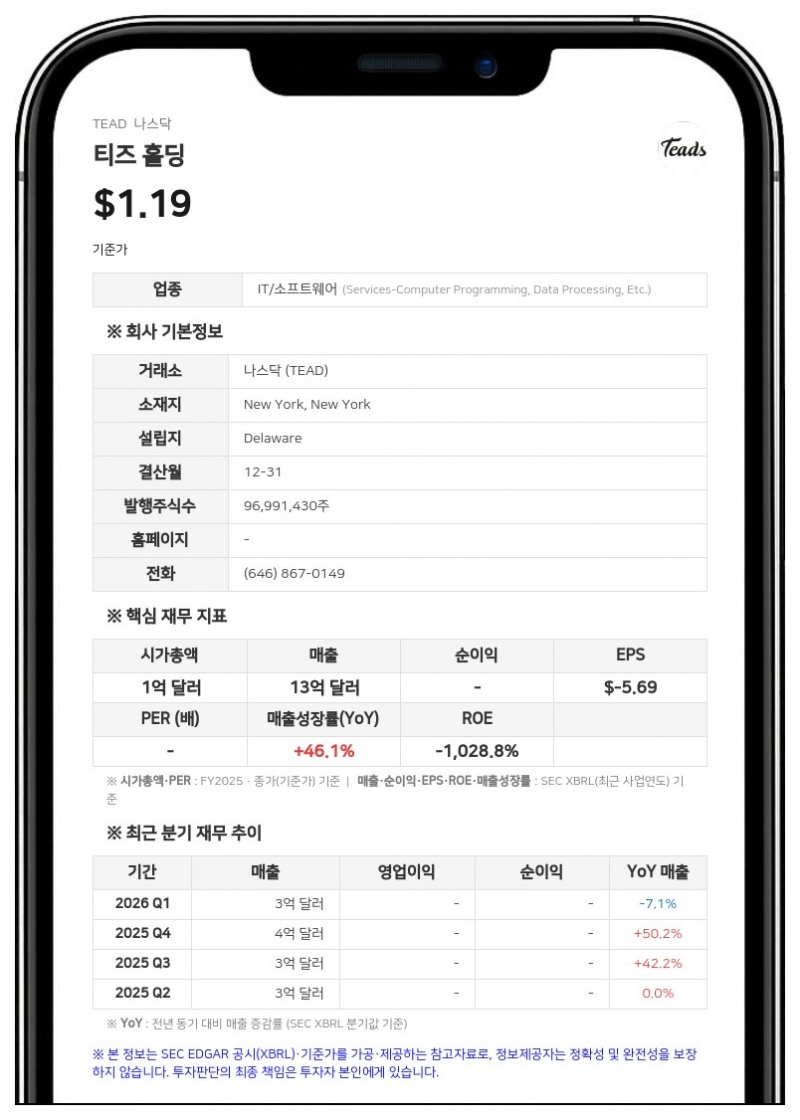 티즈 홀딩, 2분기 순손실 4248만 달러로 적자 확대…실적 가이던스 공식 중단