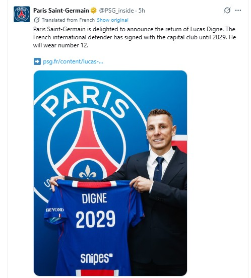 뤼카 디뉴의 재영입을 알린 PSG / 사진=PSG 구단 SNS. 연합뉴스