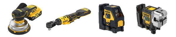 좌측부터 ‘20V MAX 브러쉬리스 저진동 원형 샌더(DCW211)’, ‘20V MAX 브러쉬리스 6mm(1/4”) 충전 라쳇(DCF514)’, ‘C타입 크로스라인 그린레이저(DCLE14201GB), ’C타입 3x180˚ 그린레이저(DCLE14301GB)’