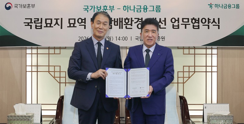 하나금융그룹 함영주 회장(오른쪽)과 국가보훈부 권오을 장관이 업무협약 후 기념 촬영을 하고 있다./하나금융그룹