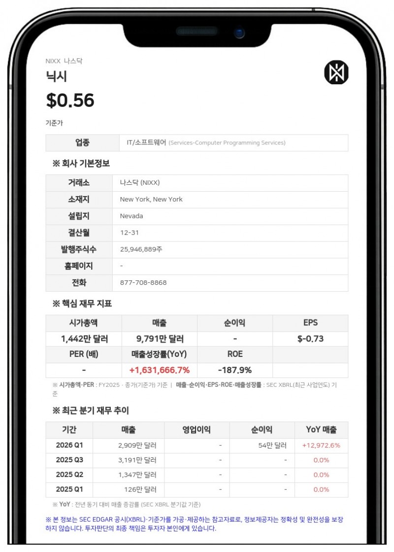 닉시, 2분기 순손실 230만 달러 기록…적자 지속
