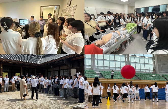 건양대학교와 '2026 일본 국제의료복지대학의 하계 단기연수' 8박 9일 활동 모습. (왼쪽 상단부터) 안경광학과, 간호학과, 제약생명공학과, 공동 체육대회. (사진제공=건양대)