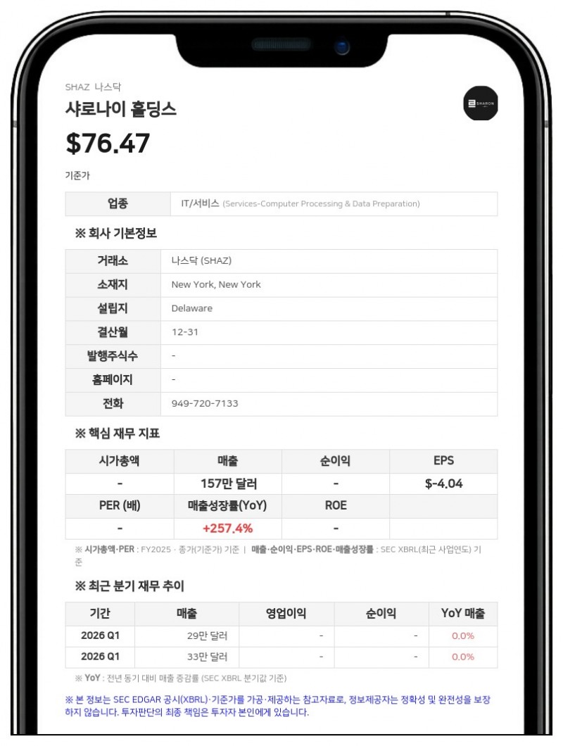 샤로나이 홀딩스, 802만 주 규모 클래스 A 보통주 매각 지원 위해 증권신고서 제출