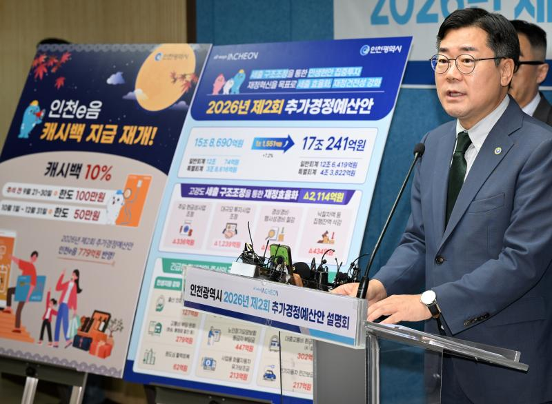 박찬대 인천시장이 24일 시청 브리핑룸에서 2026년 제2회 추가경정예산안을 설명하고 있다. /인천시
