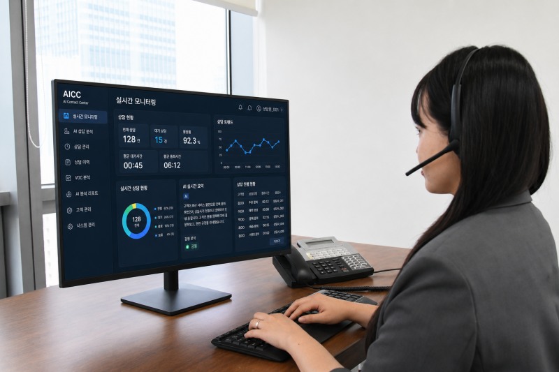 KTis 임직원이 AICC 관련 실시간 모니터링을 하고 있다. 사진=KTis