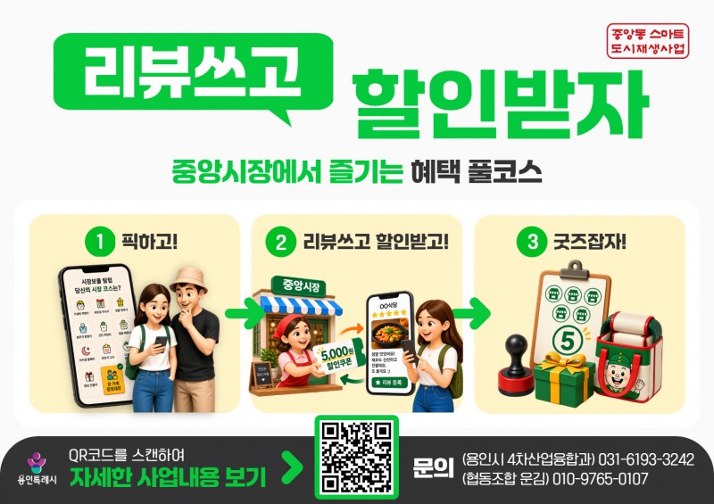 ‘중앙시장에서 즐기는 혜택 풀코스-리뷰 쓰고 할인받자’ 포스터. /용인시