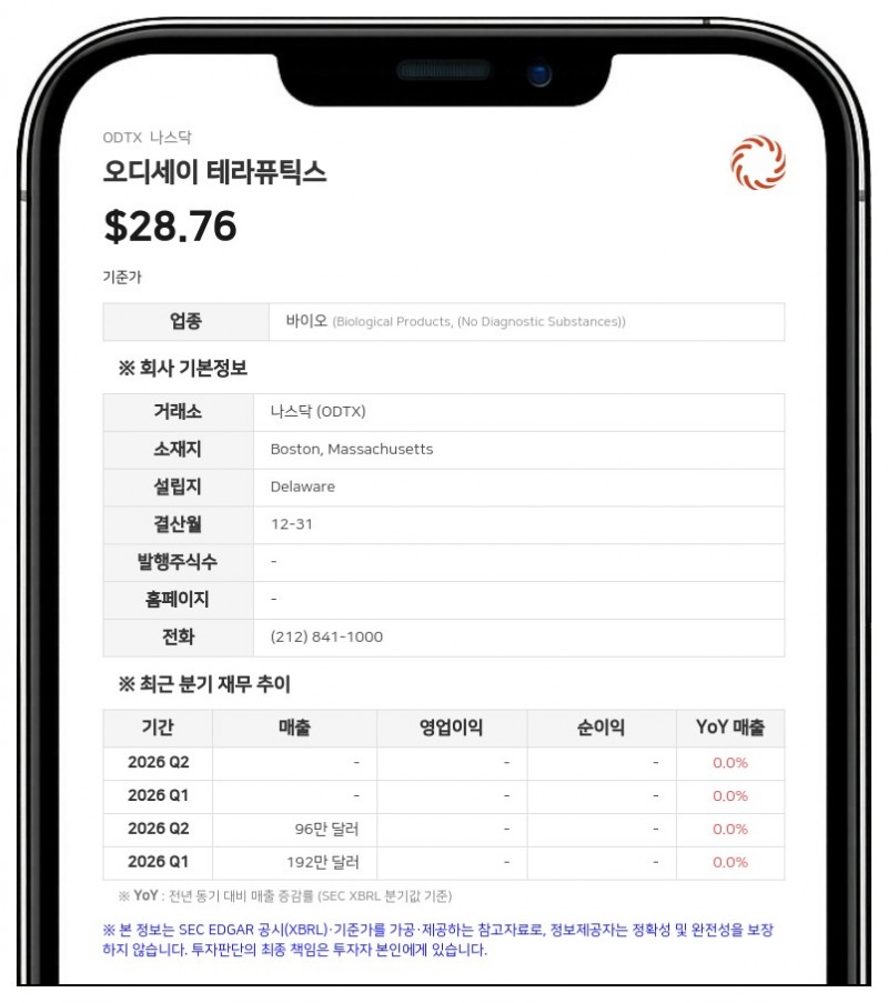 오디세이 테라퓨틱스, 4억 3300만 달러 현금 확보…2028년 하반기까지 운영 자금 충당