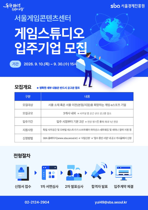서울시·SBA, 게임콘텐츠센터 입주기업 3개사 모집