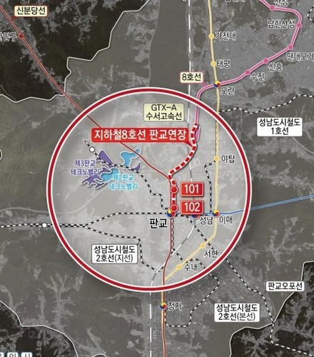 지하철 8호선 판교연장사업 노선 구상도. /성남시