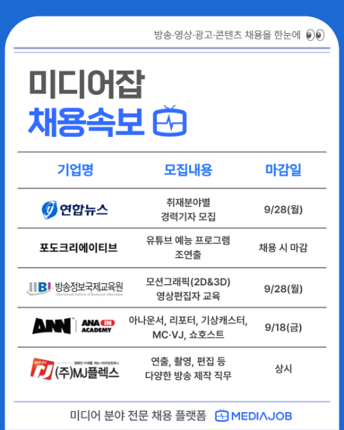 미디어잡, 연합뉴스 등 미디어 분야 채용·교육 정보 공개
