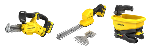 좌측부터 ‘20V MAX 15cm 콤팩트 체인톱(SFMCPS415)’, ‘20V MAX 2-in-1 콤팩트 전정기(STCSS20)’, ‘20V MAX 다목적 살포기(STCOE300)’