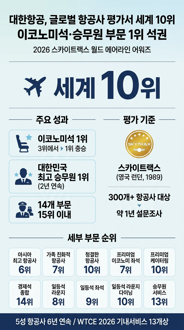 대한항공, 글로벌 항공사 평가서 세계 10위