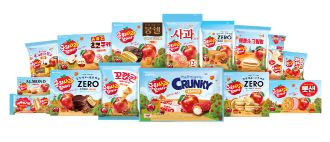 롯데웰푸드가 출시한 군위 사과 시리즈 15종 제품. 사진= 롯데웰푸드