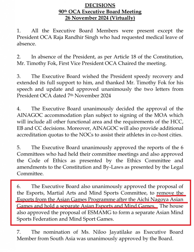 본지가 입수한 '제90회 OCA 집행위원회 결정문(Decisions - 90th Executive Board Meeting)'에는 "집행위원회는 2026 아이치·나고야 아시안게임 이후 e스포츠를 아시안게임 프로그램에서 제외(remove)하고, 별도의 아시아 e스포츠·마인드 게임을 개최하자는 제안을 만장일치로 승인했다"고 명시돼 있다.