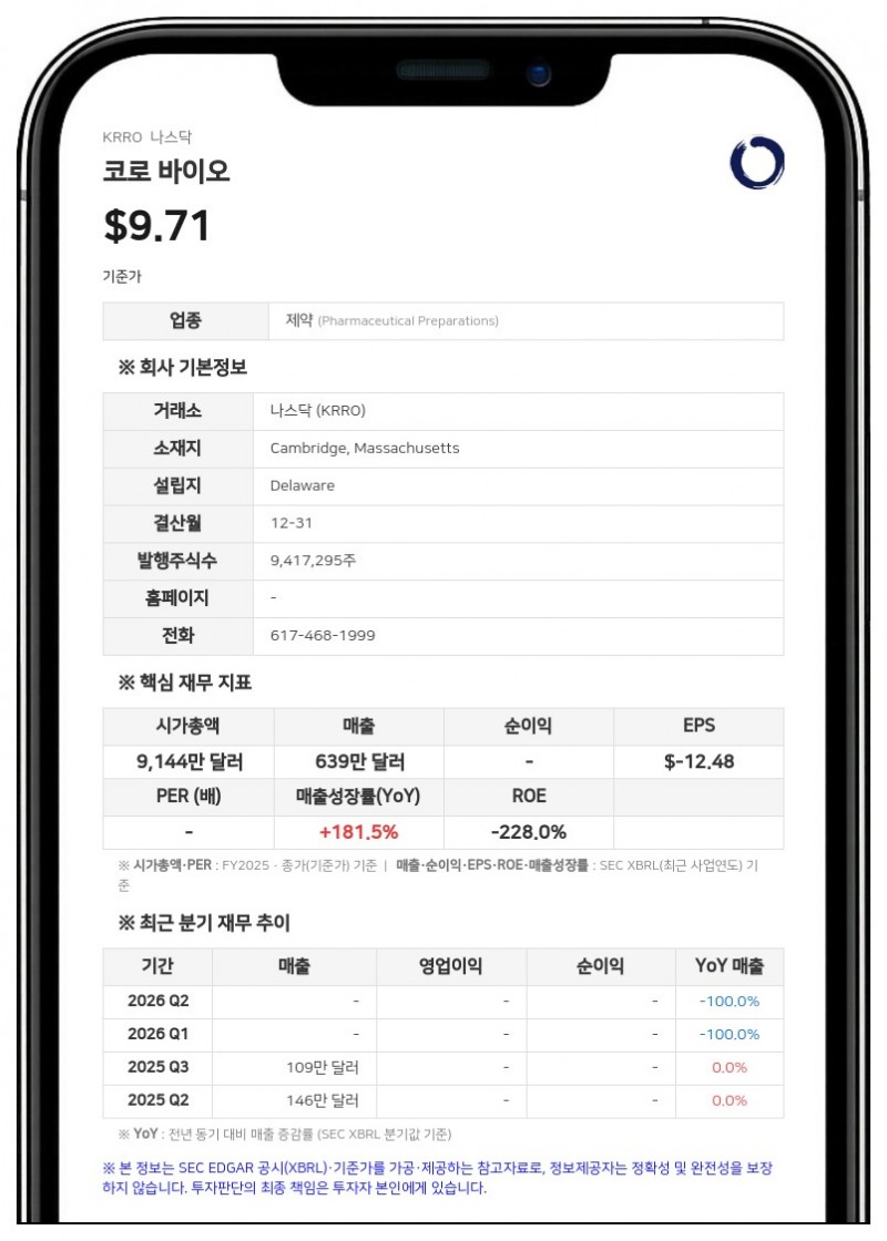 코로 바이오, RNA 편집 치료제 'KRRO-121' 임상 1/2상 첫 코호트 투여 개시