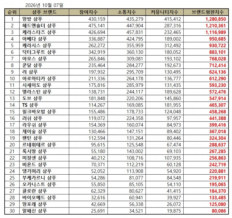 앙방 샴푸, 샴푸 브랜드평판 2026년 10월...1위