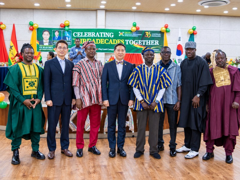 Distinguished Guests and GHANASKO Officials at the 30th Anniversary CelebrationDistinguished guests and officials attending the 30th anniversary celebration of the Ghanaian Association in South Korea (GHANASKO): Mr. Dadzie Akrasi, Director of Consular Affairs of GHANASKO; Mr. Kim Bongsu, Head of the Africa Volunteer Team; Mr. George Harrison, Deputy Head of Mission at the Embassy of Ghana; H.E. Kojo Choi, Ambassador of Ghana to the Republic of Korea; Mr. Michael Broni-Sefah, President of GHANASKO; Mr. Richard Amoako Annor, Vice President of GHANASKO; Mr. Emmanuel Sawyer Lee, Former President of GHANASKO; and Mr. Frank Kumi, Former President of GHANASKO./(Photo courtesy of GHANASKO)