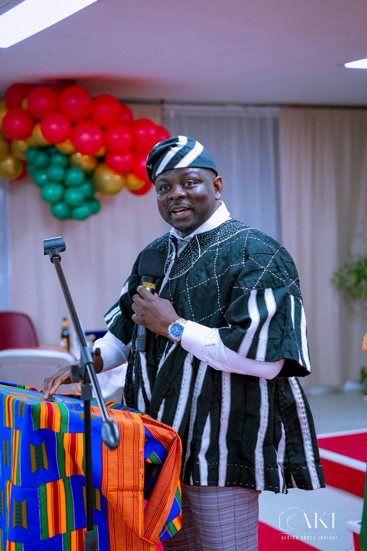 Michael Broni-Sefah, President of the Ghanaian Association in South Korea (GHANASKO), delivers remarks during the association’s 30th-anniversary celebration, held on October 4, 2026, at a campsite on Bogwang-ro in Gwangtan-eup, Paju City, Gyeonggi Province, South Korea. Photo courtesy of GHANASKO.