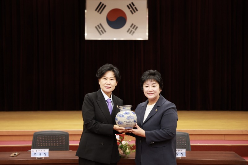 박미경 진주시의회 의장에게 기념품을 전달하는 장정순 용인특례시의회 의장. /용인시의회